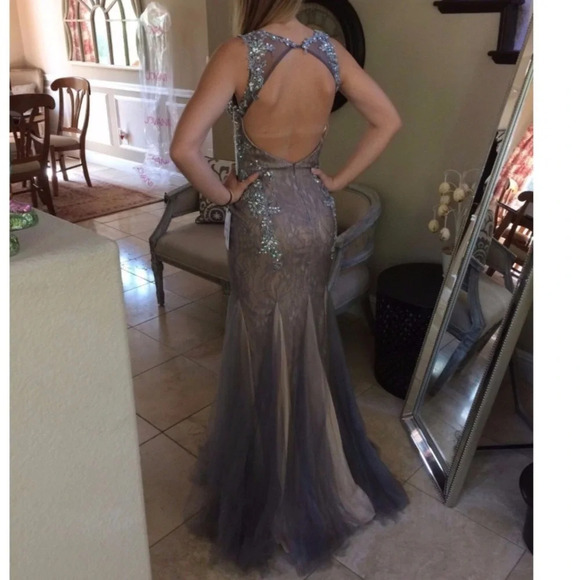 JVN BY JOVANI PROM PAGEANT FORMAL LONG MAXI DRESS GOWN silver nude cutout 2 - Picture 4 of 16